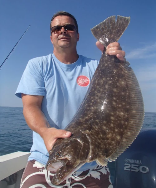 An angler holding a large fluke
