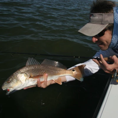 A redfish being held over the edge of a boat