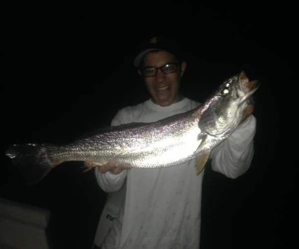 An angler holding a weakfish in the dark