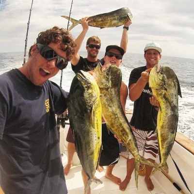 Four anglers on a boat all holding up mahi
