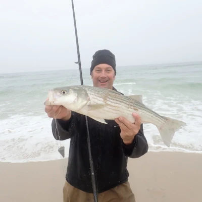 Nick Honachefsky on a beach holding a striper and a fishing rod