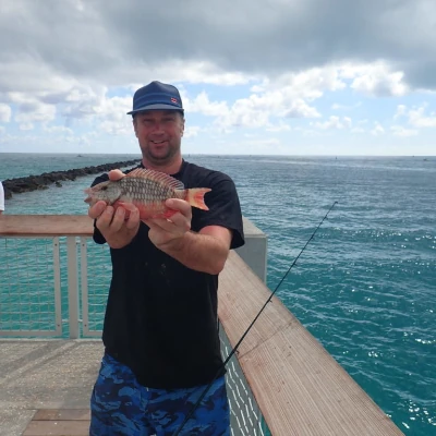 Nick Honachefsky holding a small fish on the Miami pier