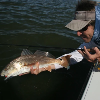 An angler leaning over the boat holding a fish