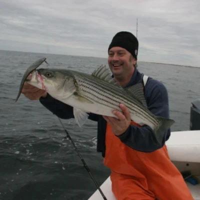 A man sitting on the side of a boat holding a striped bass fish