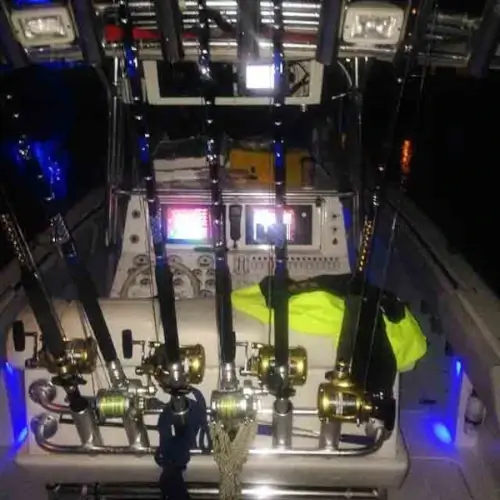 Cheapshot Sportfishing charter boat deck at night