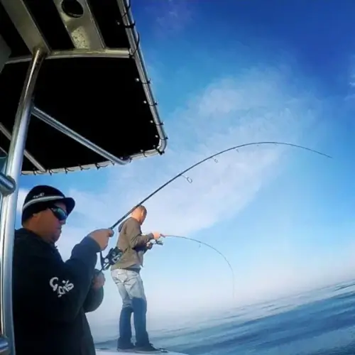 Two anglers fishing off a boat